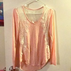 Pink long sleeve sweater with lace detail